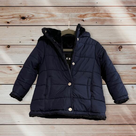 DKNY Girl's Button Front Hooded Puffer Jackets Long Sleeve Navy Blue Size 2T